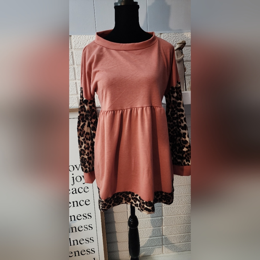 Salmon Colored Blouse With Leopard Print Sleeves